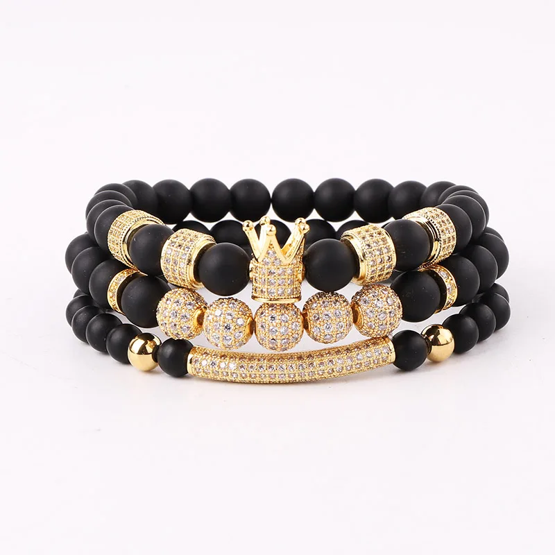 

JARAVVI Luxury Design CZ Pave Crown Charm Natural Stone Matte Onyx Elastic Bracelet Set Men Jewelry Gift