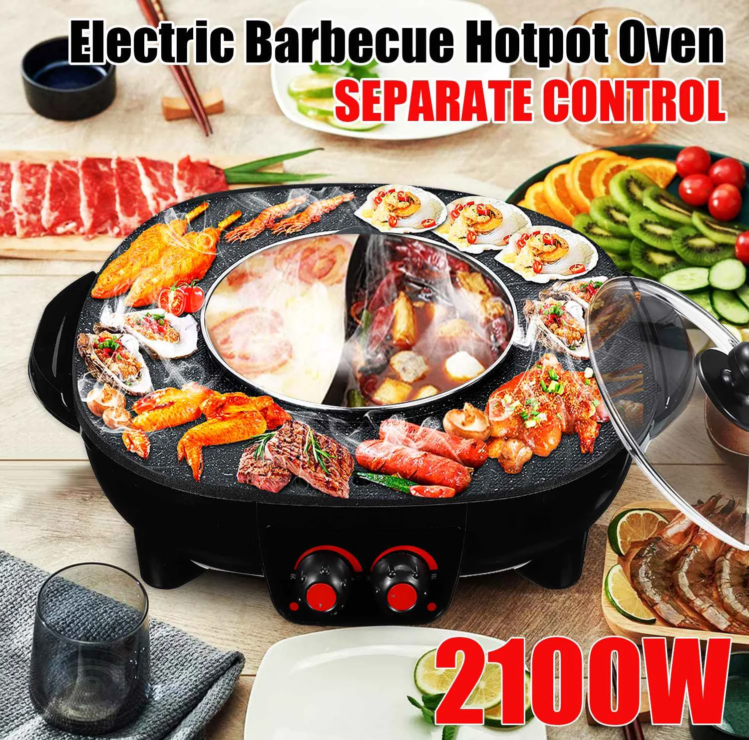 

2100W 240v 3 in1 AU Oven Hot Pot Electric Multi Cooker Durable Hotpot Non-Stick BBQ Roasting Baking Plate for Barbecue Kitchen