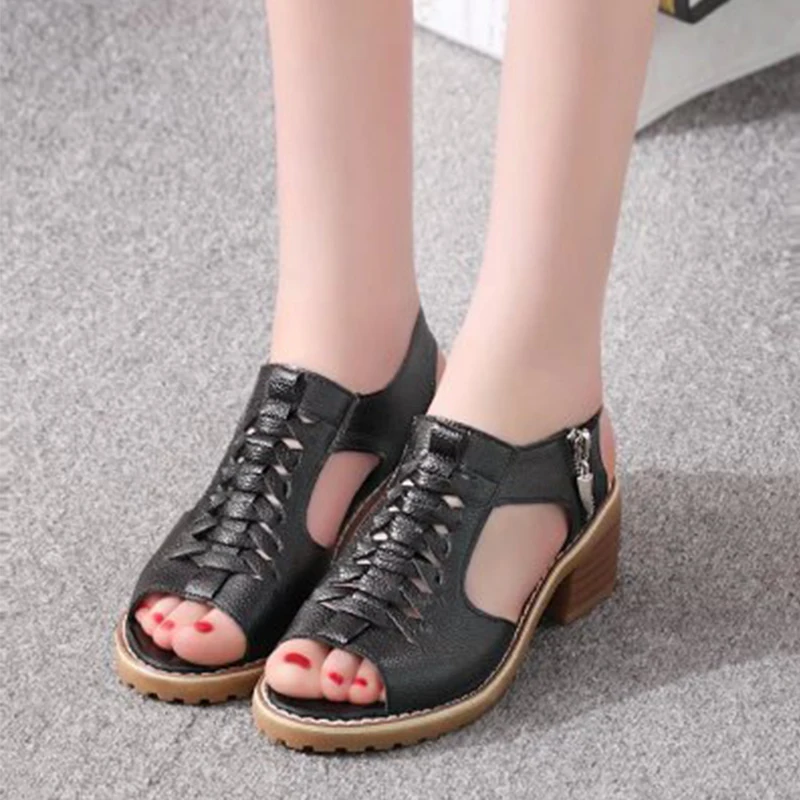 Женские сандалии на молнии женские туфли квадратном каблуке дышащие с открытым