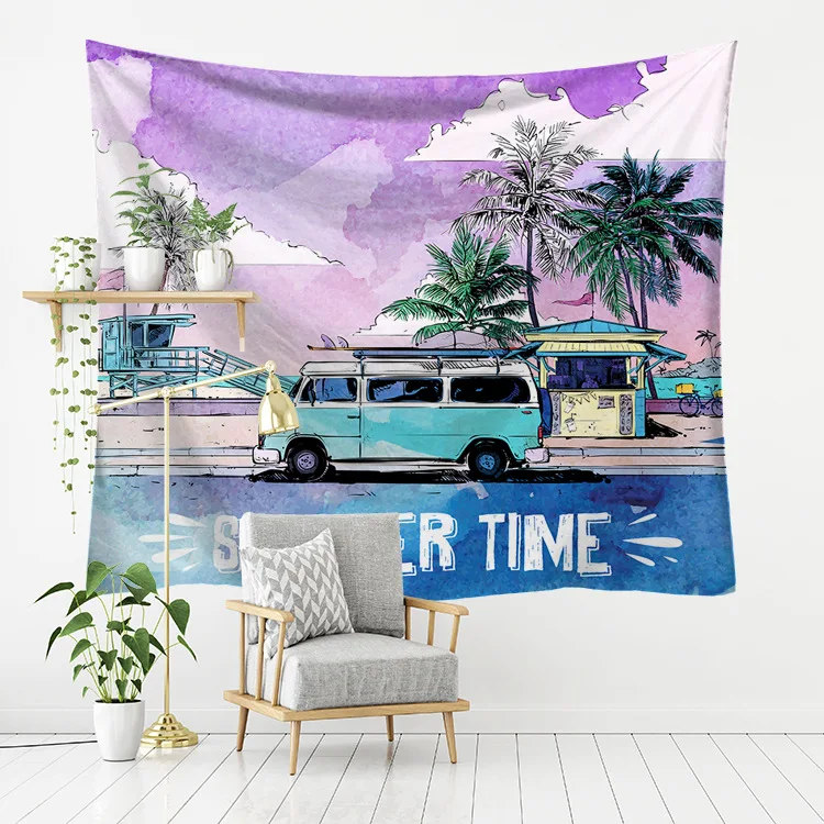 

Yaapeet 1pc Beach Bus Wall Hanging Pretty Tropical Wall Tapestry Polyester Tree Printed Home Decor Sea View Hanging Tapestry