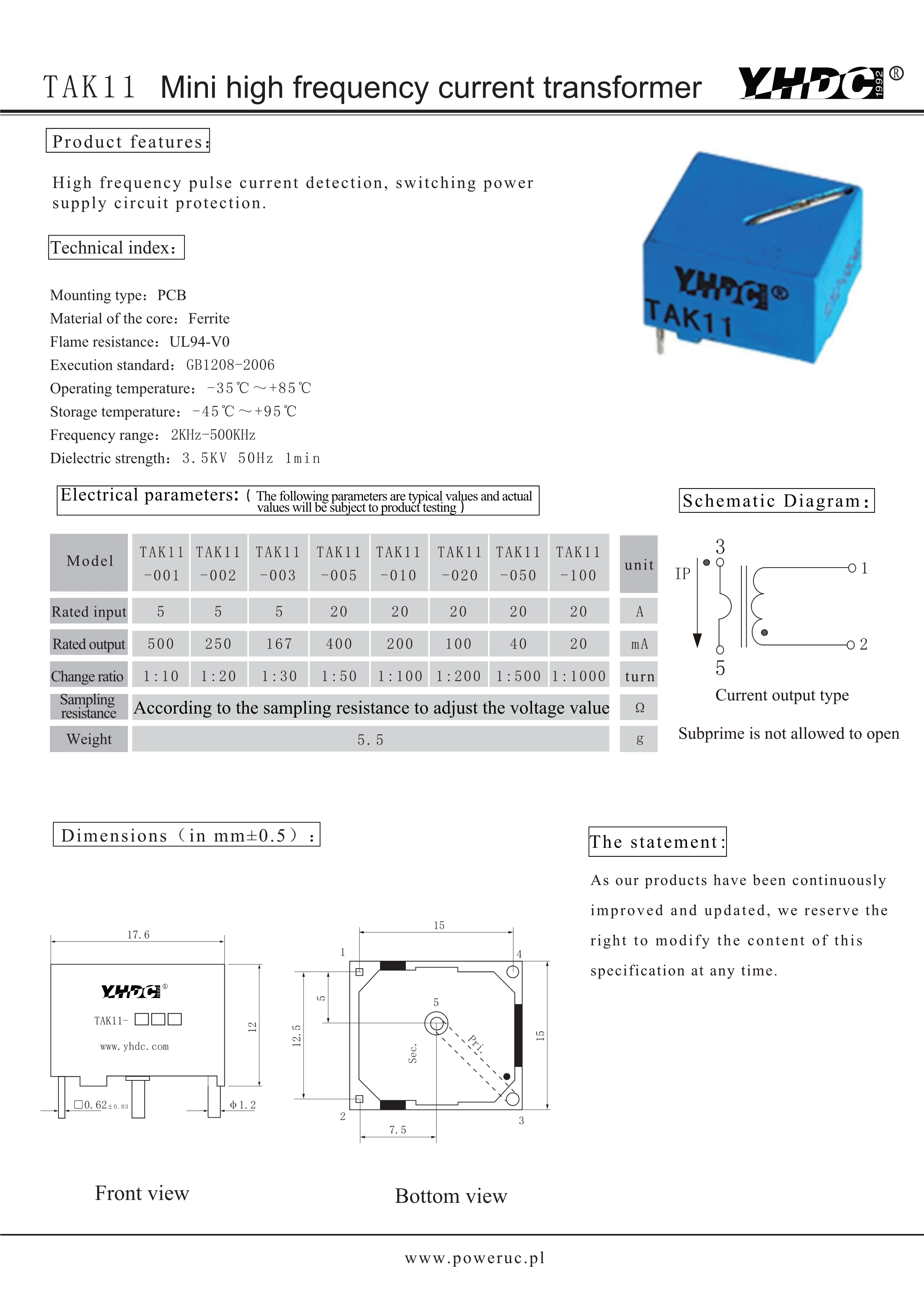 Free shipping YHDC TAK11 5A/20A Mini high frequency current transformerPCB Mounted 500mA/250mA/167mA/400mA/200mA/100mA/40mA/20mA |