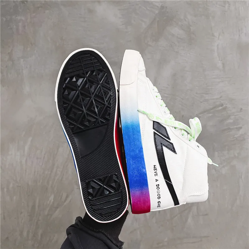 

New Men Canvas Shoes Students Easy Matching Shoelace Sneakers Male Breathable Casual Trendy High Top Couple Leisure Glow Vamp
