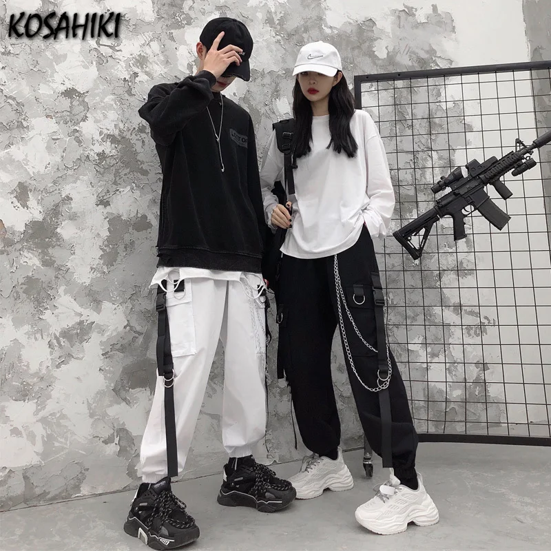 

KOSAHIKI High Waist Black White Cargo Pants Women Harajuku Punk Wide Leg Pants Gothic Chain Pockets Streetwear Joggers Trousers