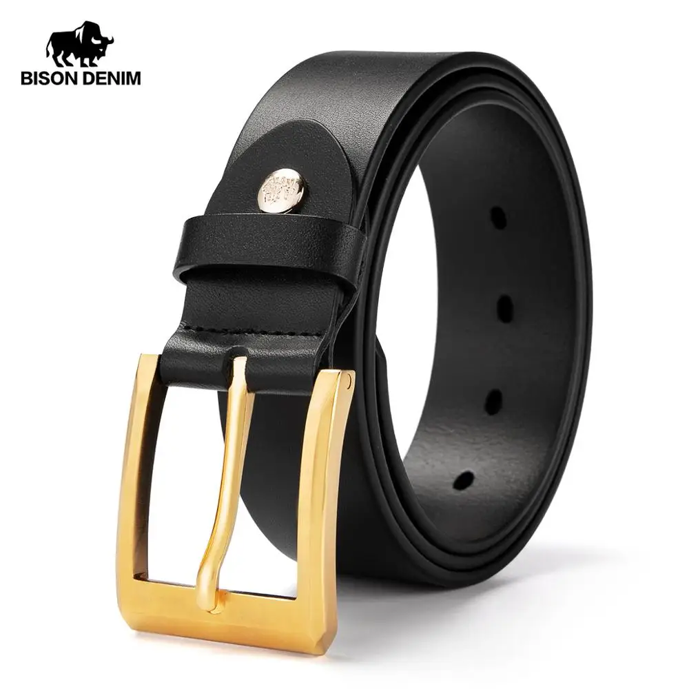 Мужской классический ремень BISON DENIM черный роскошный из 100% натуральной кожи с