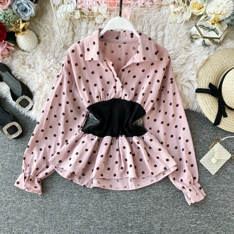 pink Neploe, женская рубашка с оборками, Лоскутная, в горошек, тонкий, высокая талия, пуловер, топы с длинным рукавом-фонариком, контрастная цветная блузка 56472 - Цвет: pink