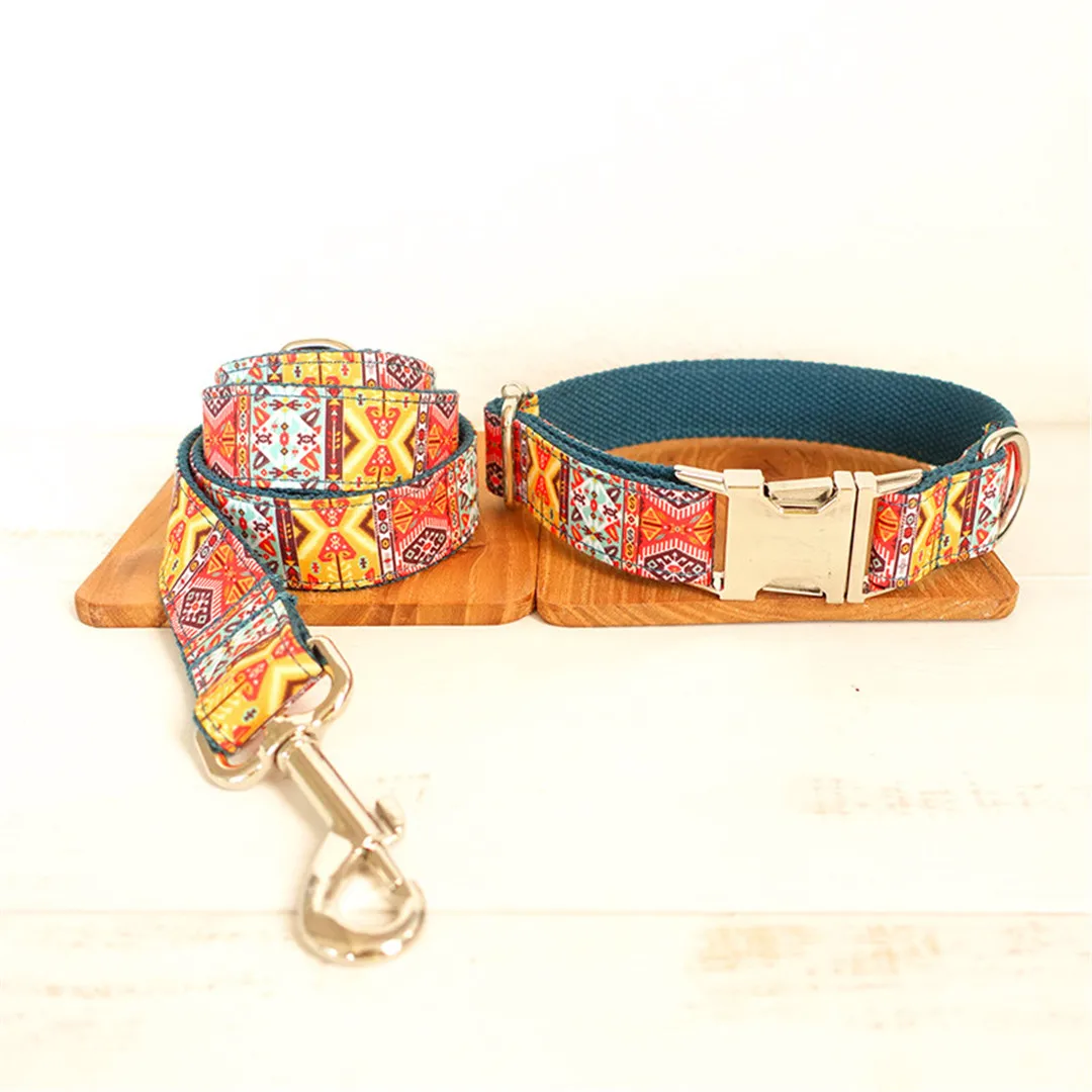 Богемный собачий ошейник с бантом индивидуальная гравировка поводком набор