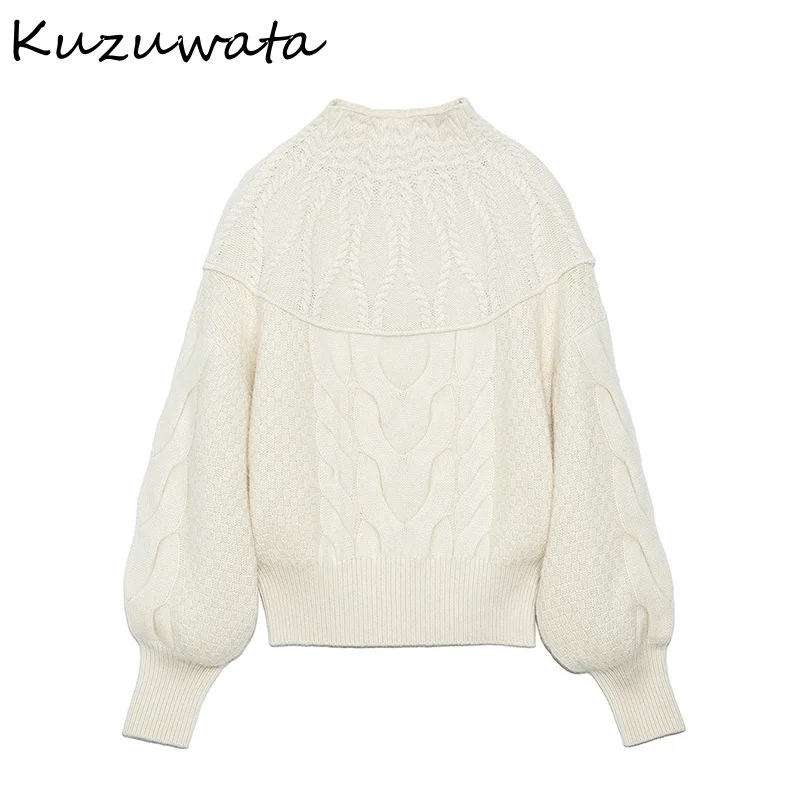Lantern Patchwork Twist Sleeve Pullovers Autumn Winter Sweet Japanese Style Women Sweaters Elegant O-neck Knitted Coat