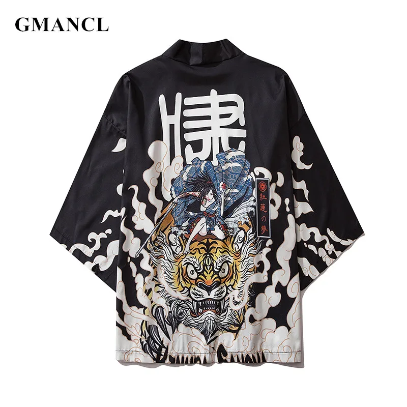 Уличная мужская летняя кимоно с коротким рукавом и принтом тигра пальто в