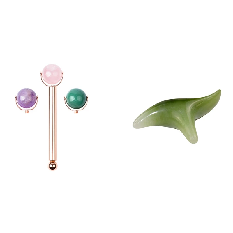 

Face Gua Sha Triple-Cornered Massager Board with Rose Quartz Crystal Jade Ball Facial Massager