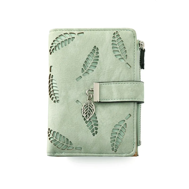 

New Vintage Hollow Out Leaf Wallet Women Coin Purse Environmental PU Leather Two Fold Credit Card Holder Ladies Hasp Money Bag