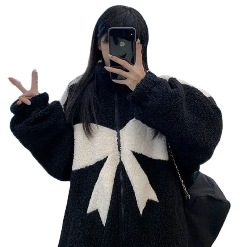 Пальто из овечьей шерсти женская зимняя новая свободная флисовая Черная куртка с