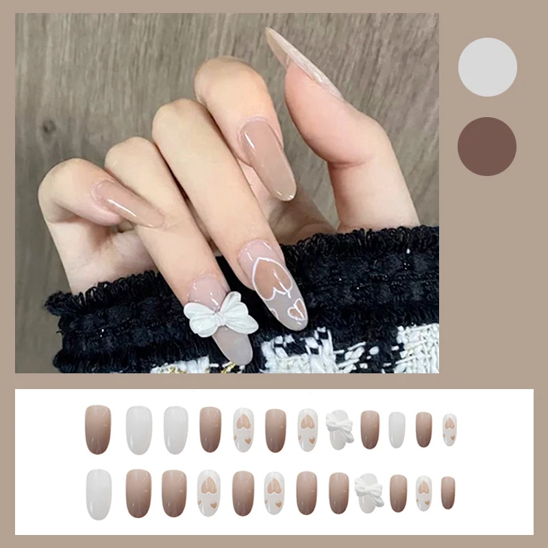 

High Quality Fake Nails Light Yellow Bowknot Wear Nail Stickers Finished Nail Stickers 24 Pieces of Nail Stickers With Glue