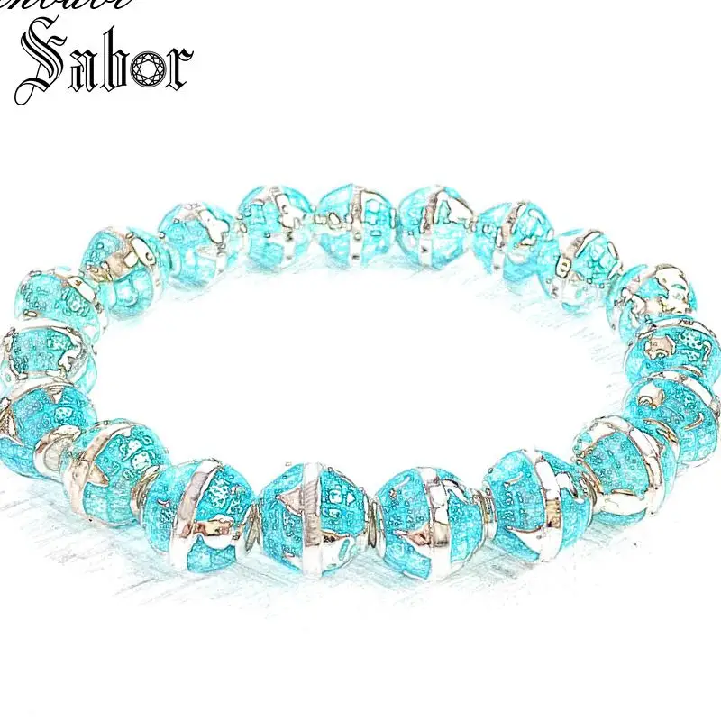 Женский браслет с бусинами серебряного цвета в виде синего шара ювелирное