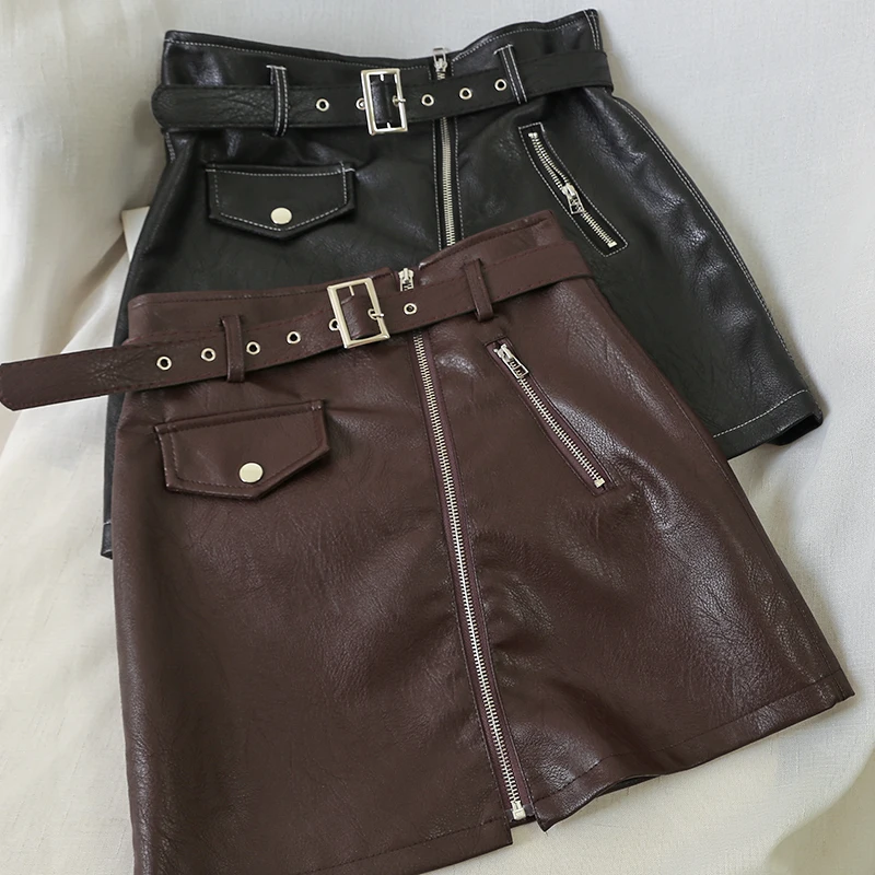 Осенне зимняя женская юбка одноцветная на молнии с карманом из искусственной