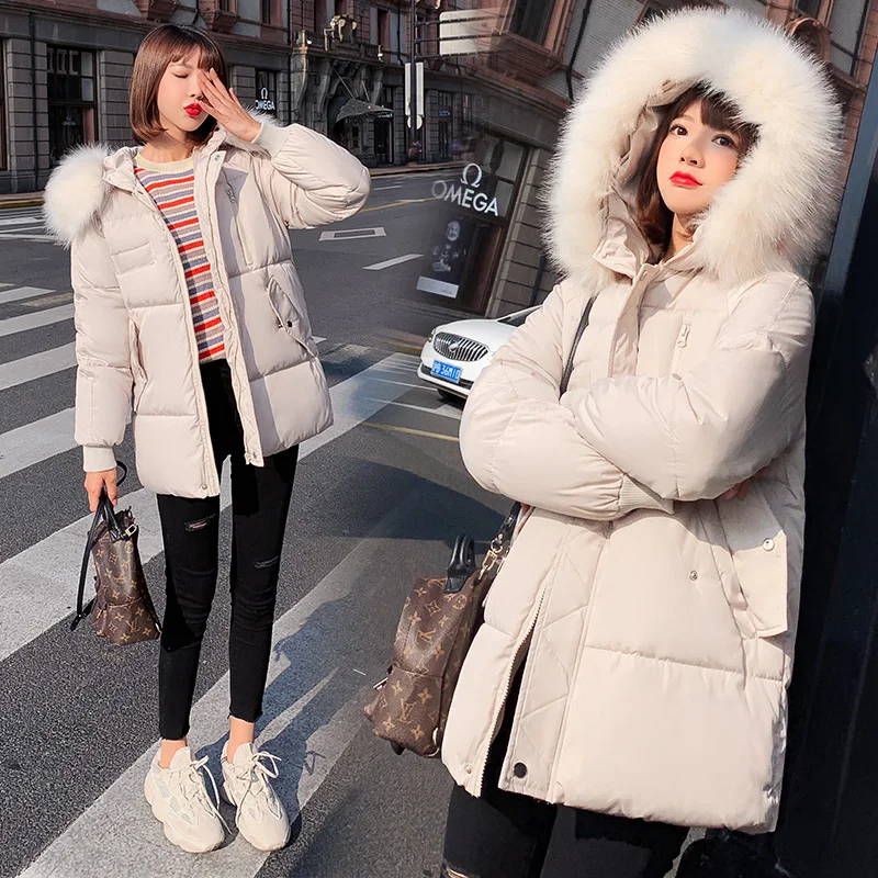 

New Women Parkas Mujer 2019 Winter Jacket Coat Fashion Big Fur Collar Hooded Warm Loose Long Sleeve Padded Down Parka Women Coat