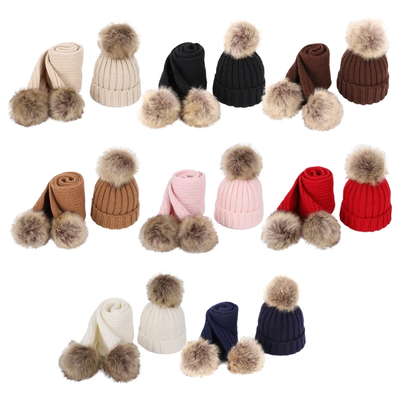 

2pcs Children Knitted Beanie Hat Scarf Set Infant Baby Fake Ball Pom Pom