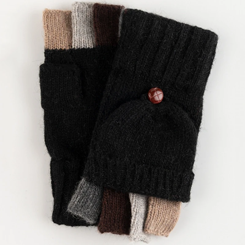 

Winter Warm Knitted Fingerless Gloves Convertible Wool Gloves with Mittens Cover
