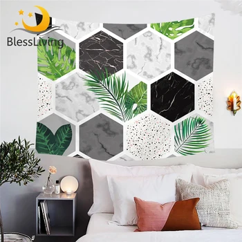 BlessLiving Marble Tapestry Modern Terrazzo Geometric Decorative Wall Hanging for Living Room Tropical Green Palm Leaf Bed Sheet 1