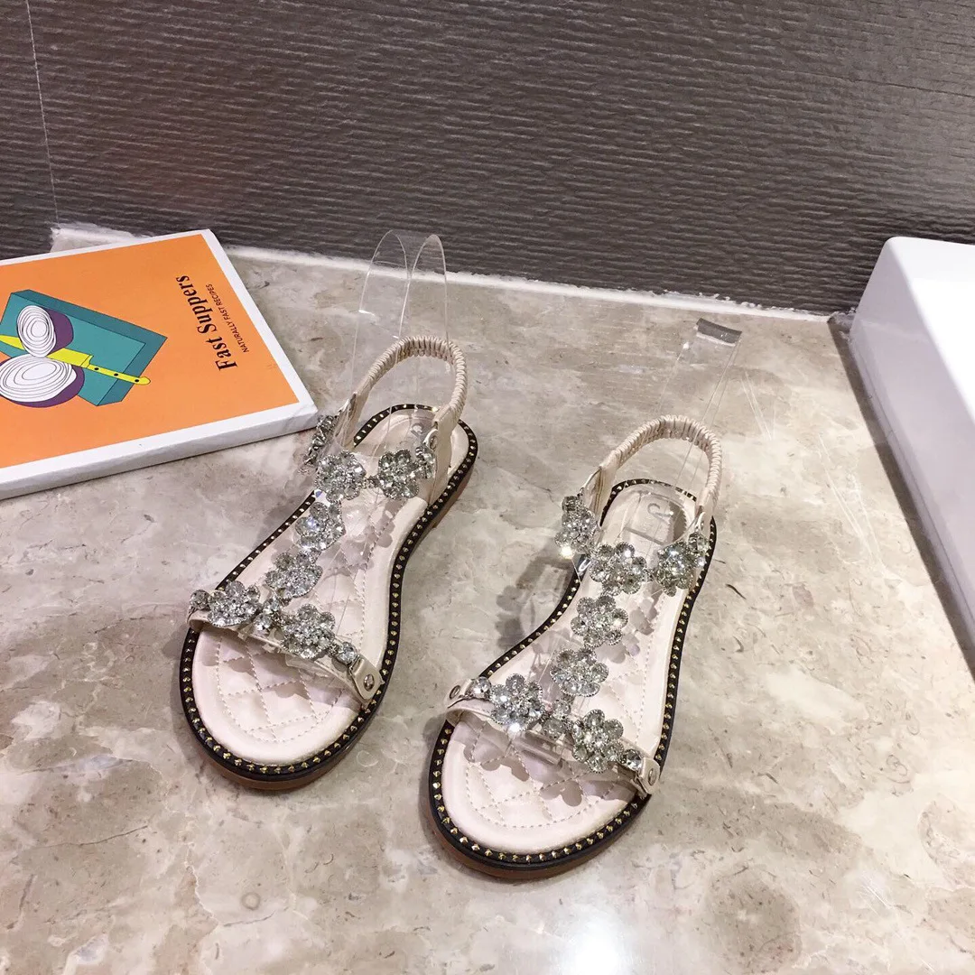 

Fashion Womens Shoes 2021 Roman Sandals Summer Heels Suit Female Beige Luxury Gladiator Comfort Rhinestone Flat Girls Black New