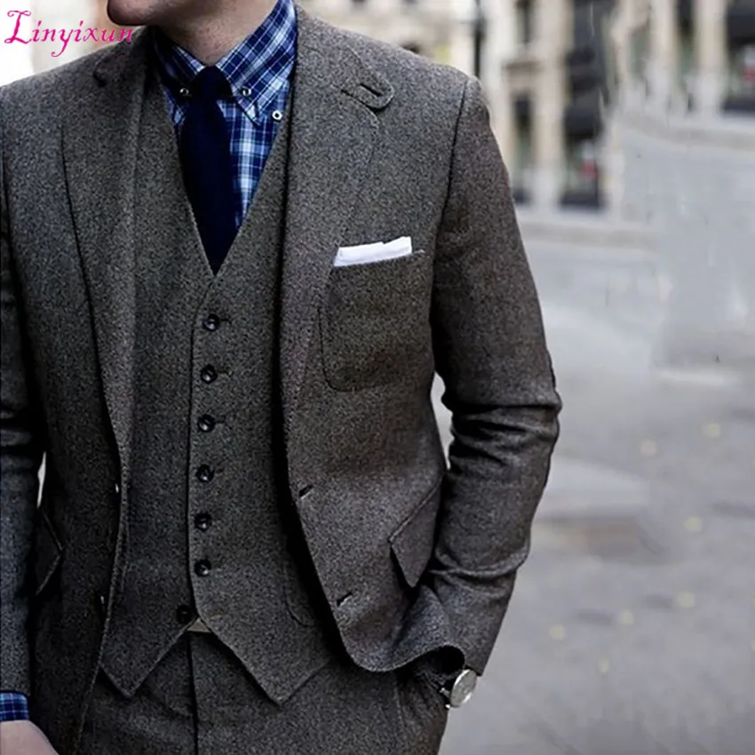 

Linyixun Latest Coat Pant Designs Grey Tweed Suits For Men Costume Homme Slim Fit Formal Business Men Suits Winter Classic Suits