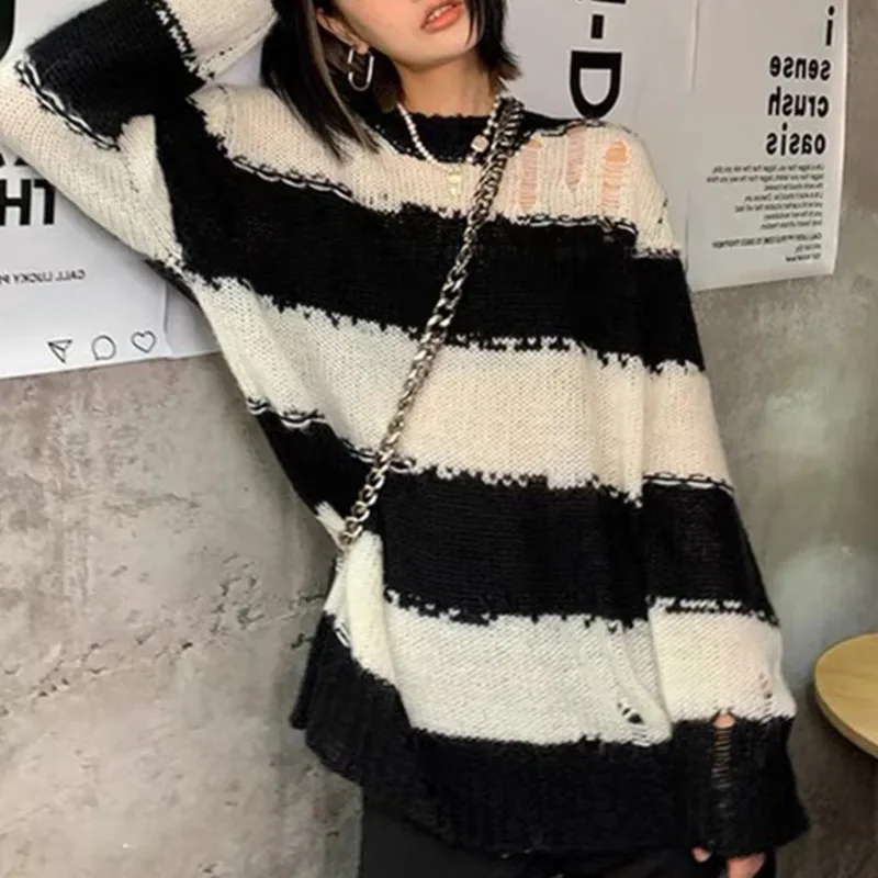 

Женский винтажный свитер в полоску, с длинным рукавом, свободного покроя