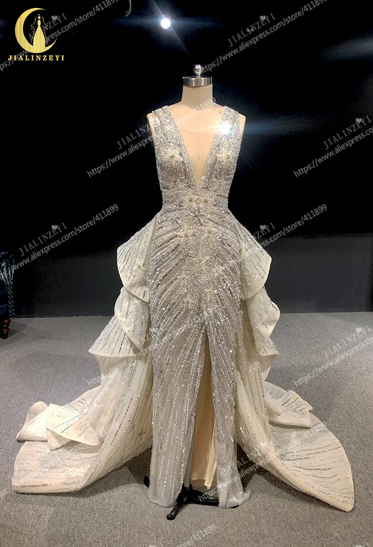 Rhine Real picture Zuhair Murad V Neck Sexy Luxurious Fashion Beads women evening dress long formal dresses