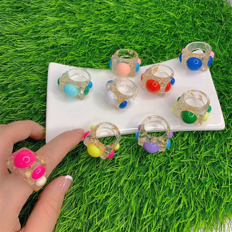 

New Fashion Gold Foil Colorful Big Bead Transparent Geometric Square Resin Acrylic Finger Rings For Women Party Jewelry Gifts