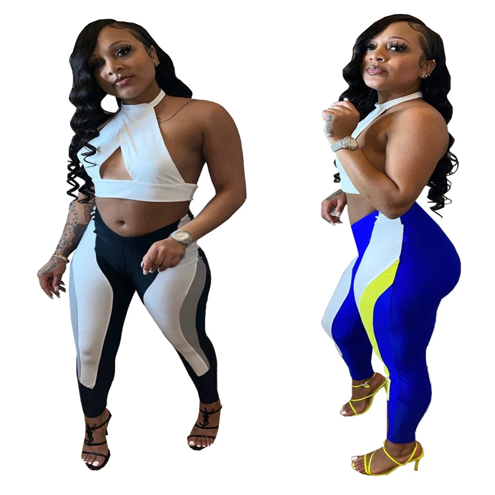 

Xm1185 cross border spring summer European and American fashion women's color matching printing V-shaped waist slim pants two pi