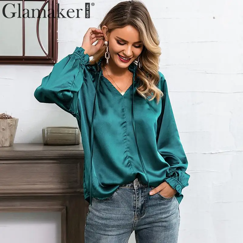 Glamaker, атласная, с длинным рукавом, сексуальная женская блузка, рубашка, v-образный вырез, для офиса, леди, Элегантная блузка, женская, осенняя, модная, шикарная блузка, топы