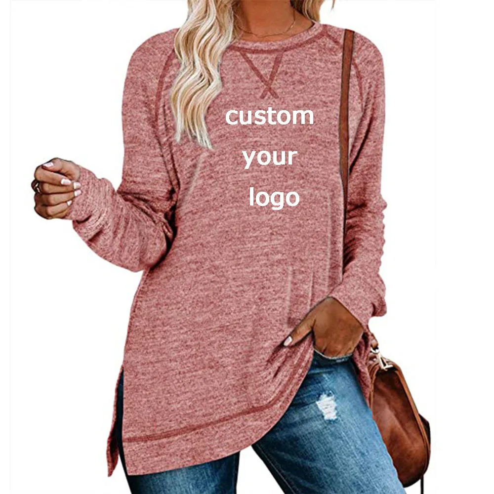 

Women T-Shirt Custom Logo Spring and Autumn Hot Long Sleeve Top Knitwear Pure Color Sweater Cross Loose Round Neck Women Top