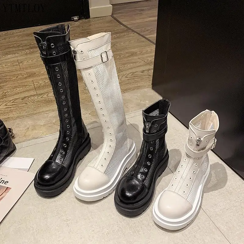 

2021 New Thicken Knight Boots Women Knee High Long Square Heel Boots Retro Thick Motorcycle Botas Mujer Ytmtloy Mesh