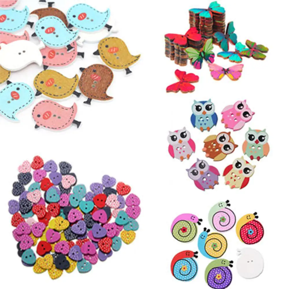

HOT SALES！！！New Arrival 50Pcs Bird Butterfly Owl Snail Heart Wooden Buttons for DIY Sewing Scrapbooking Wholesale Dropshipping