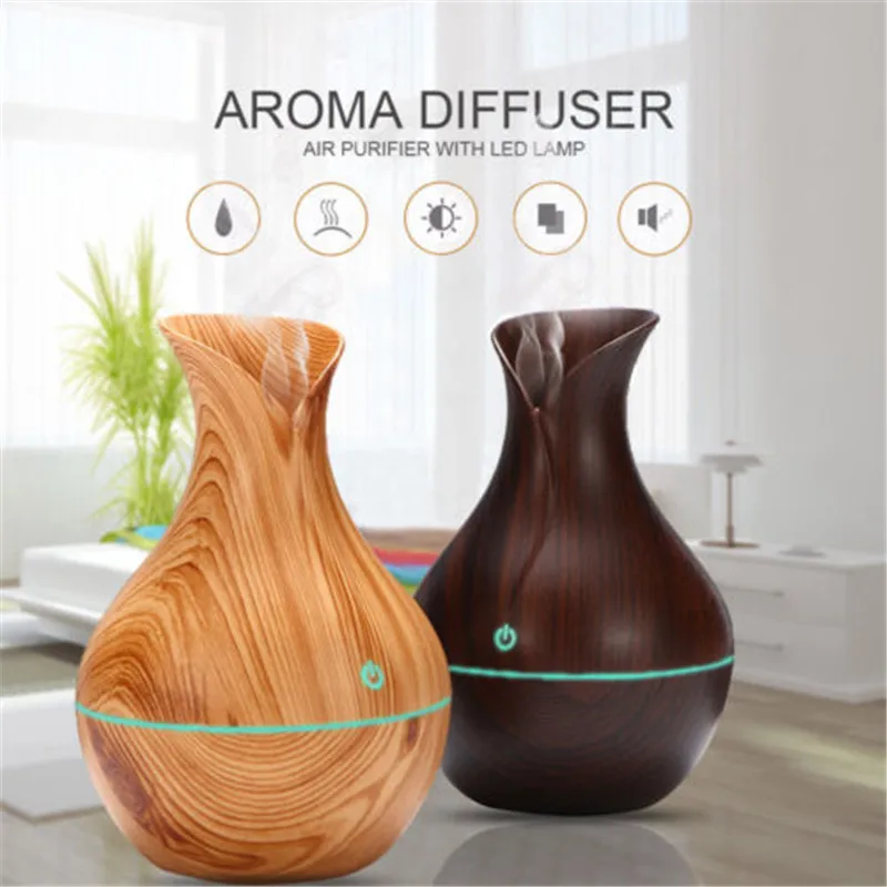 

Essential Oil Diffuser with LED Night Light, Ultrasonic Aromatherapy Humidifier Vase Shape Wood Grain Appearance