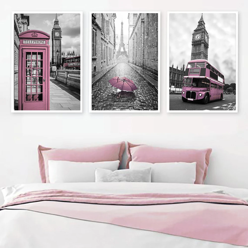 

City Landscape Paris Canvas Painting Black and White Wall Art Pink Yellow Red Bus European Architecture Poster for Bedroom Decor