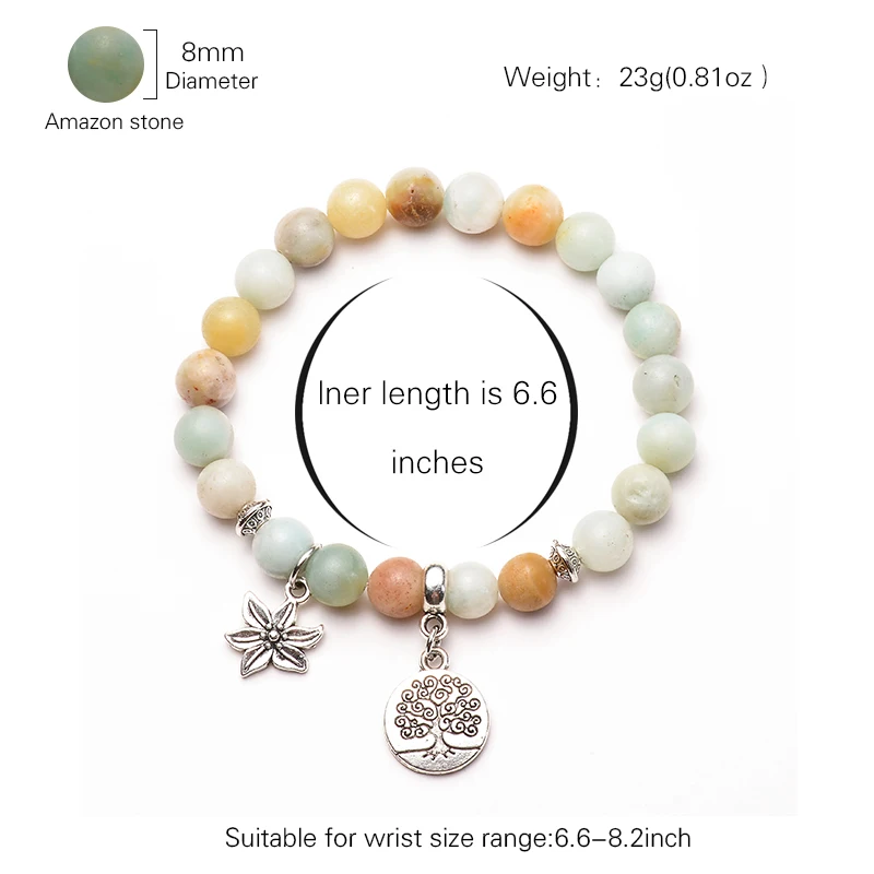 

Matte Amazonite Stone Bead Bracelet Tree of Life Pendant Mala Bracelets Yoga Chakra Natural Stone Bracelet for Women Men Jewelry