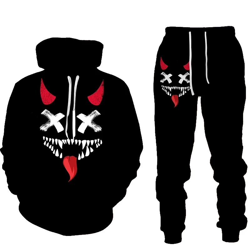 

Demon Smile Print Men's Fashion Hoodie Sport Suits 2pc Men's Clothes Jogging Casual Sportswear Men's Hoodies + Pants Two Piece S