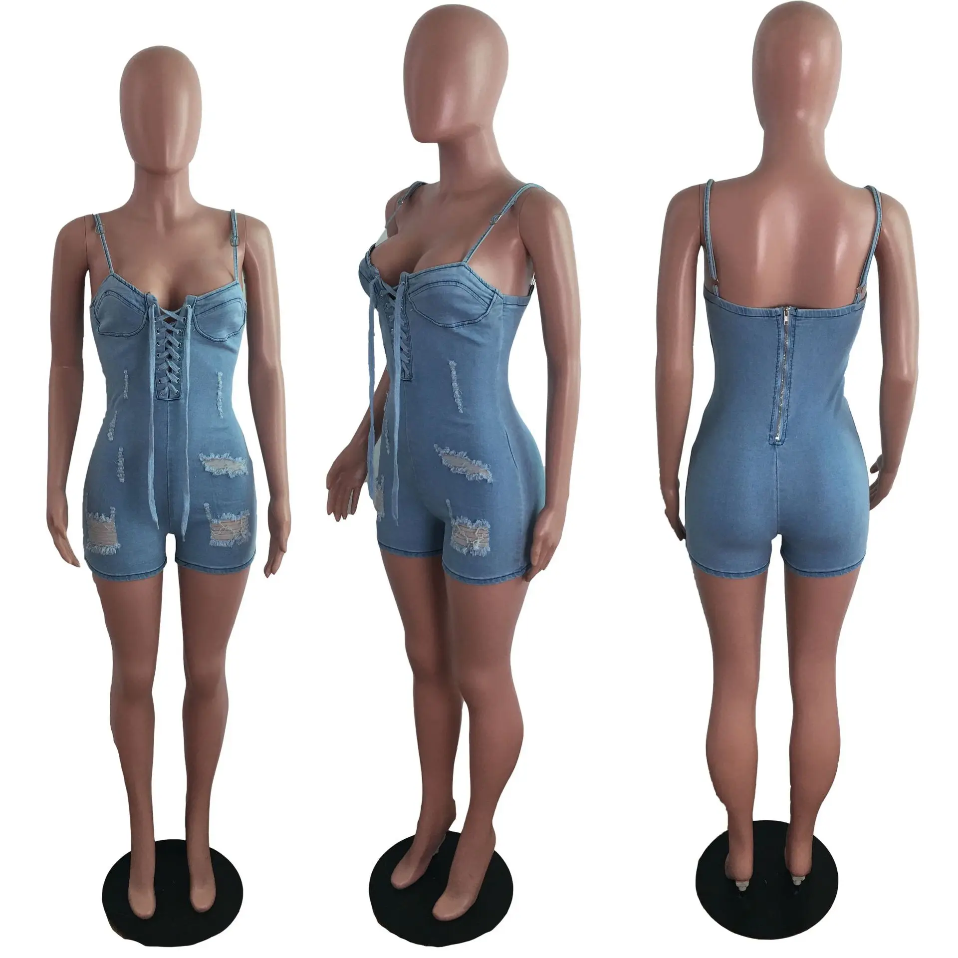 

WEPBEL Ripped Bandage Denim Playsuits Women's Playsuits Sexy Zipper Spaghetti Strap Strapless High Waist Straight Playsuits