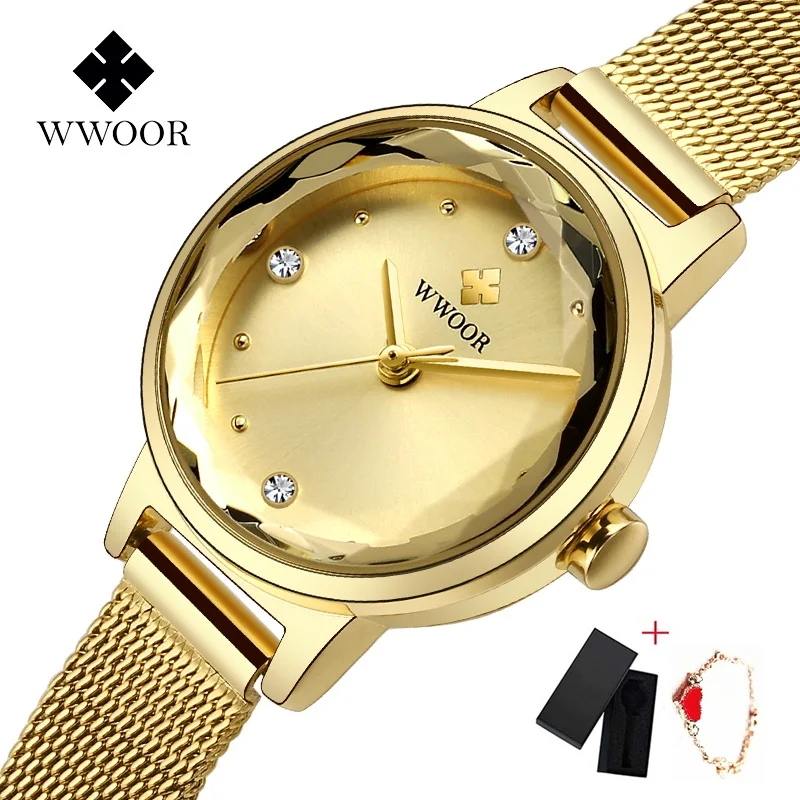 Full Gold WWOOR, роскошные женские часы из розового золота, водонепроницаемые женские кварцевые часы из нержавеющей стали с сетчатым ремешком, повседневный браслет, Подарочная коробка - Цвет: Full Gold