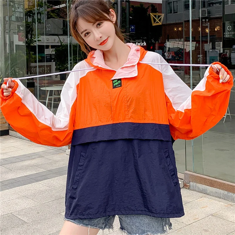 

Women's outdoor long sleeve Hoodie contrast color splicing light sports jacket