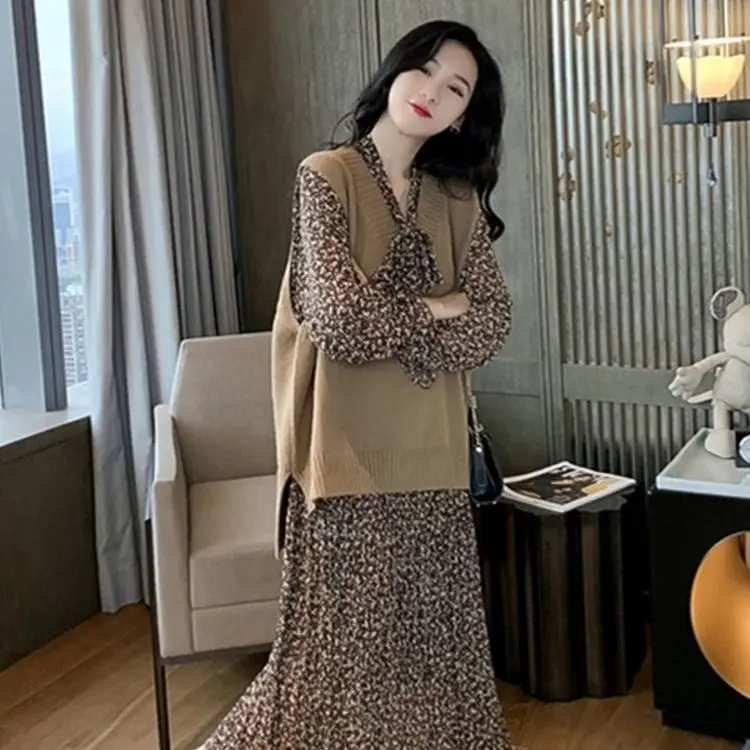 

Women 2021 Spring Autumn Two-piece Sets Female V-neck Knitted Pullover Vest Ladies Long Floral Printed Chiffon Dress Suits Y488