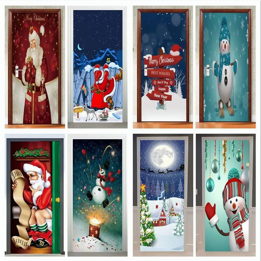 

Рождественская наклейка на дверь, ПВХ обои с отклеиванием и наклейкой, домашний декор, водонепроницаемый постер, Санта-Клаус, виниловые нак...