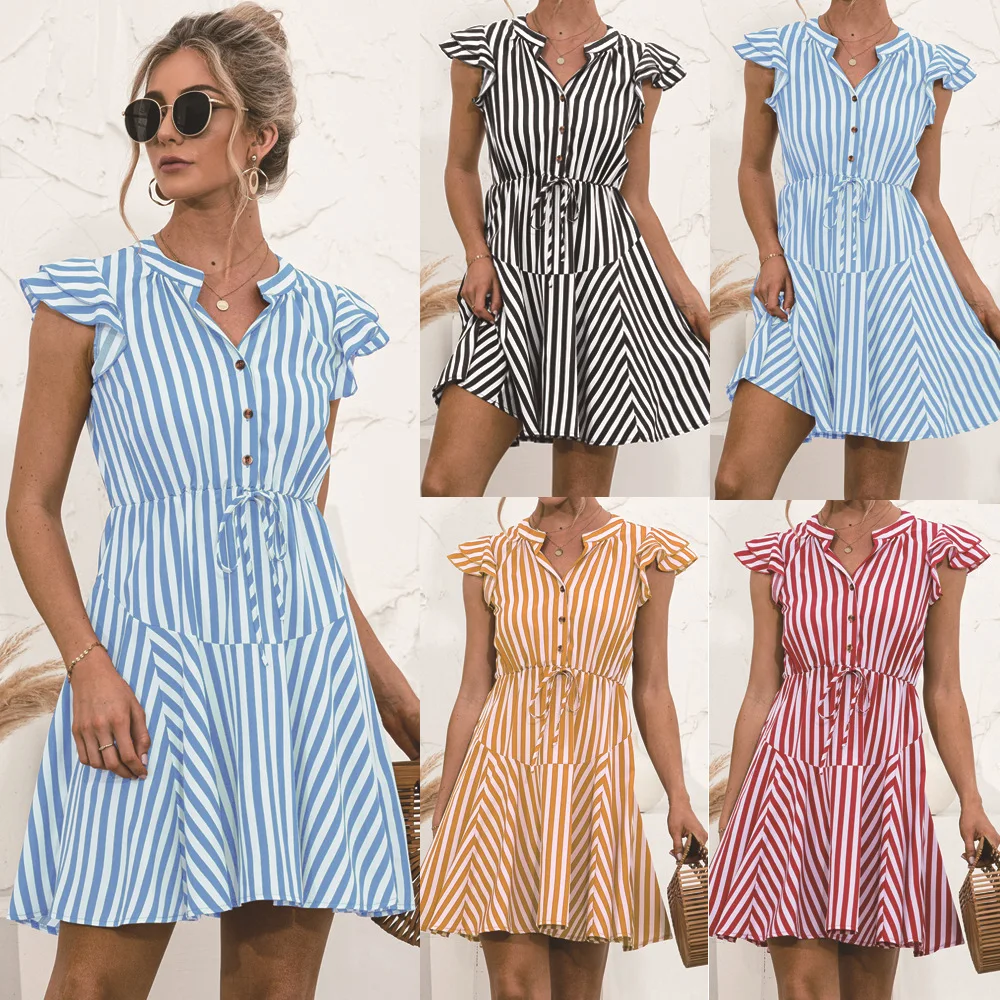 

Summer Dress Women Clothing Striped Print A-Line Dresses Button V-Neck Flying Sleeves Mini Dress For Women Vestidos Femme Robes
