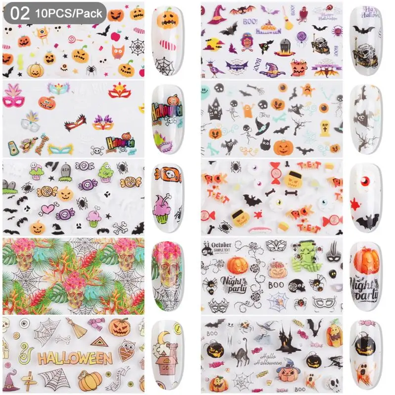 set-2 10pcs 10 шт./упак. Хэллоуин тема Фольга для ногтей наклейки переводные наклейки бумага цветной дизайн ногтей украшения для УФ гель ногтей дизайн - Цвет: set-2 10pcs