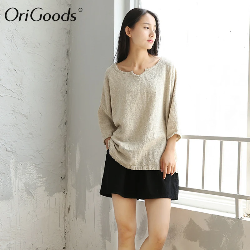 Оригинальная винтажная льняная женская блузка большого размера однотонная