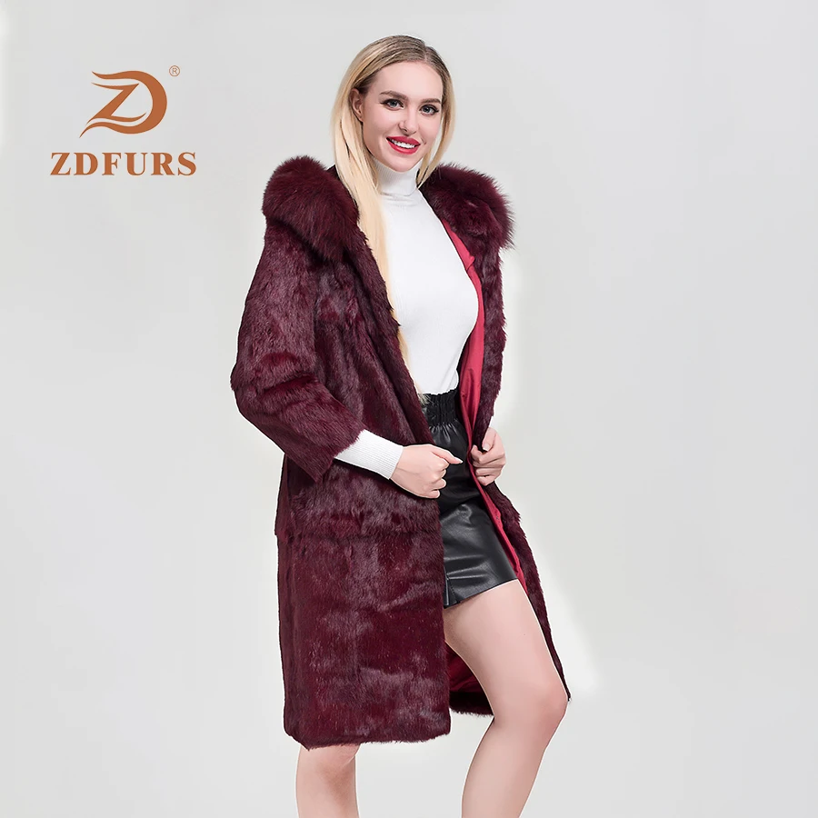 ZDFURS*2019 Fashion real fur coat women full sleeve wave cut genuine rabbit fur warm winter coats and jackets with fox hood