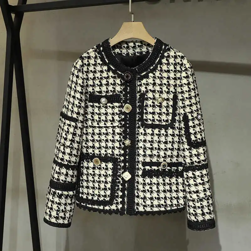 

Женское твидовое пальто в клетку, с круглым вырезом