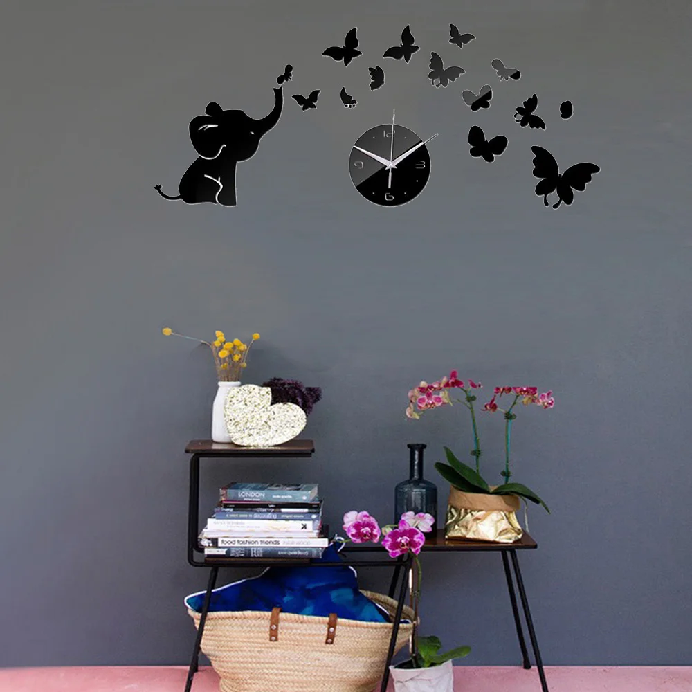 3D Wall Stickers Waterproof Butterfly Elephant Petals Pattern Sticker DIY Mirror Children Bedroom Decals Romantic clock | Дом и сад