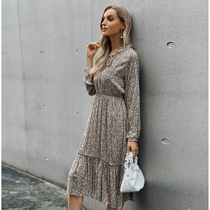 

Women Fashion Dress Autumn New Loose Comfortable Style Dress Female Neckline Knotted Floral Long Dresses For Women Robe Hiver