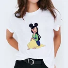 Летние женские футболки с коротким рукавом, повседневные белые футболки с круглым вырезом, милые Мультяшные топы с принтом в стиле Харадзюку Диснея принцессы Мулан