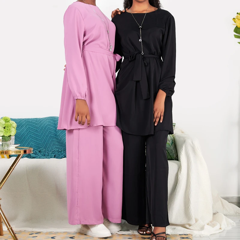 

Eid Muslim Women Nida Matching 2PC Suits Set Summer Long Sleeve Tunic Tops Long Wide Leg Pants Solid Color Pants Set 2pcs Outfit